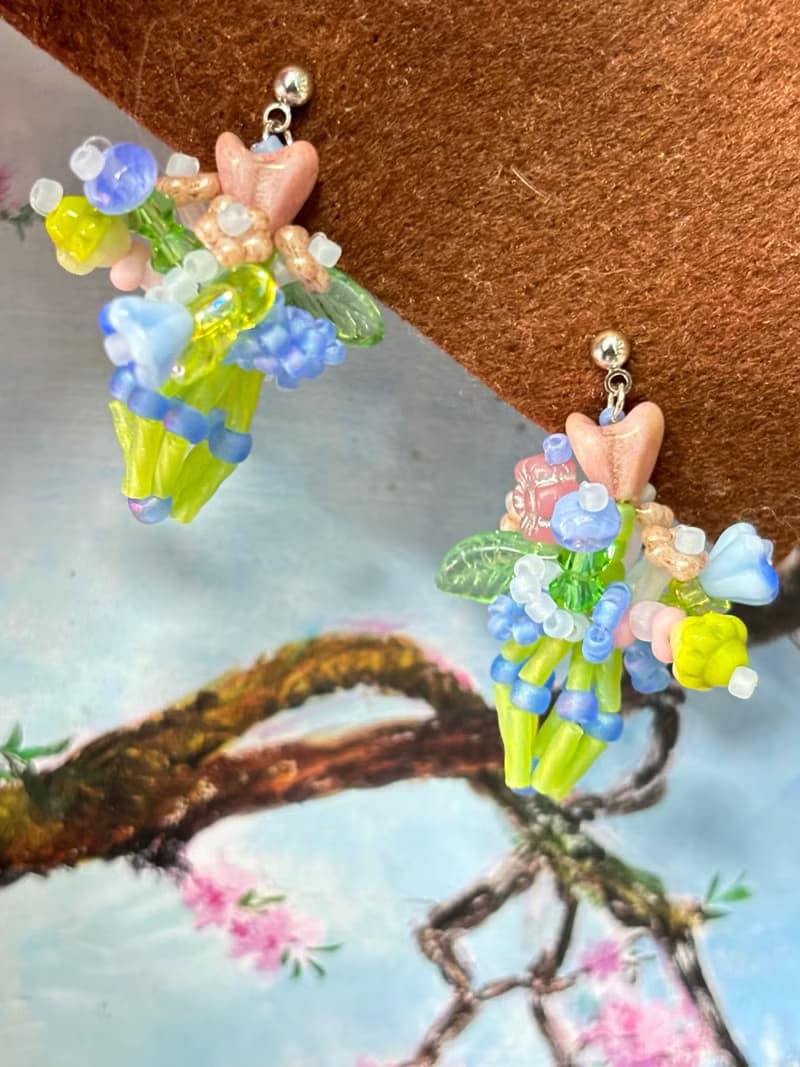 手作串珠耳飾 迷你花束耳釘 串珠花朵耳環