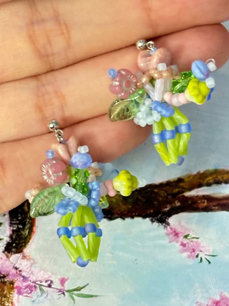 手作串珠耳飾 迷你花束耳釘 串珠花朵耳環