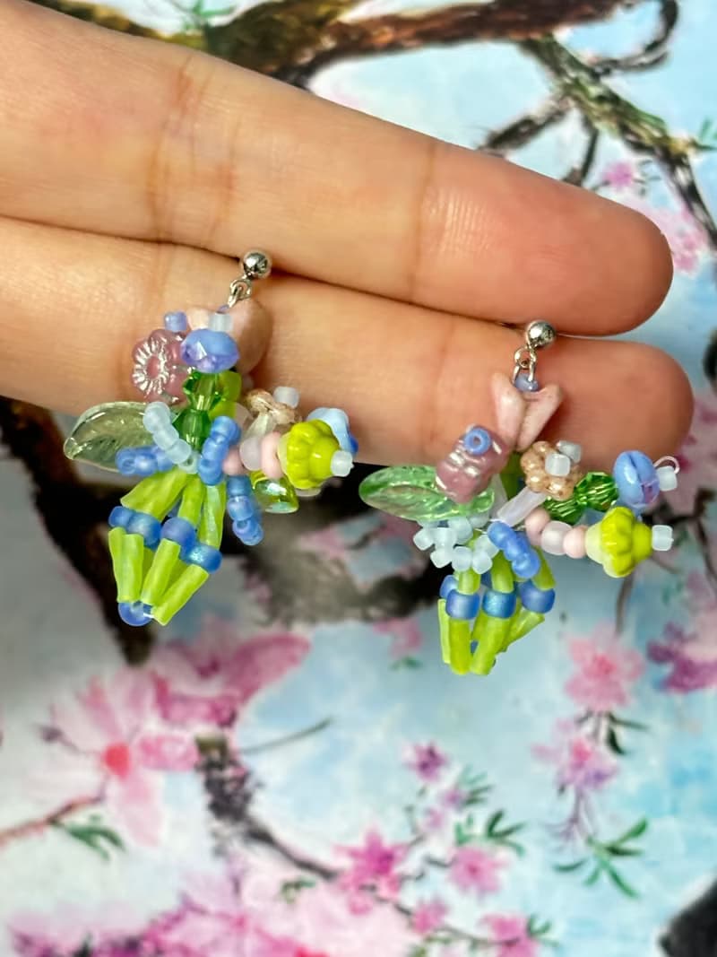 手作串珠耳飾 迷你花束耳釘 串珠花朵耳環