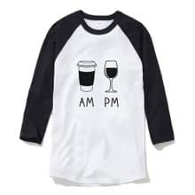 COFFEE AM WINE PM 中性 七分袖T恤 白黑色 咖啡 酒 插畫 禮物
