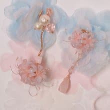 夢幻彼岸花 粉水晶x粉澳寶 不對稱療癒系耳環 耳骨夾 無痛耳夾