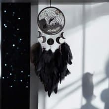 Handmade Black Dreamcatcher with Wolf and Moon Phases – Mystical Boho Wall Decor