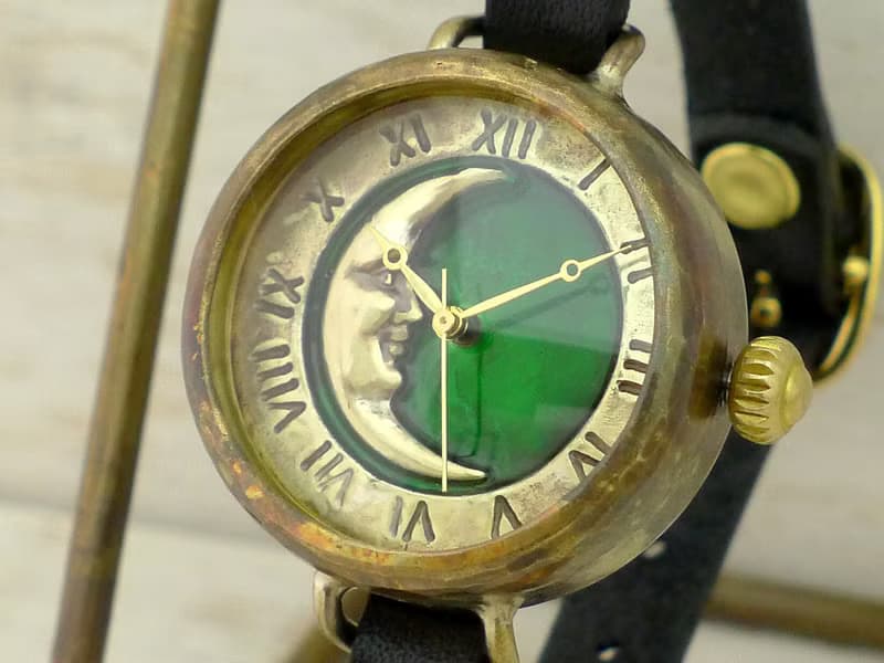 手作り腕時計 CrescentMoon4-MB 三日月グリーン文字盤 ブレスレット風  (366CM4GR)