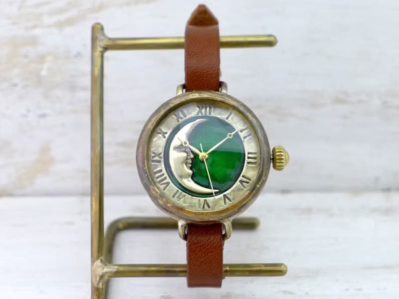 手作り腕時計 CrescentMoon4-MB 三日月グリーン文字盤 ブレスレット風  (366CM4GR)