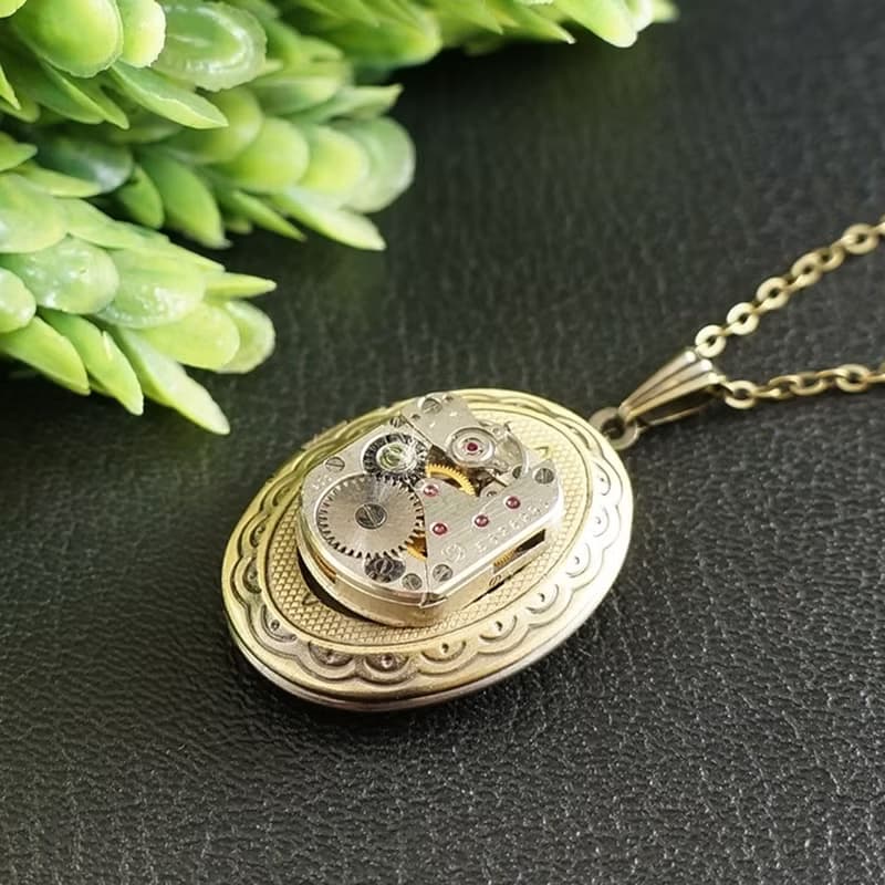 Steampunk Locket Necklace Watch Parts Mechanism Gears Pendant Necklace Jewelry