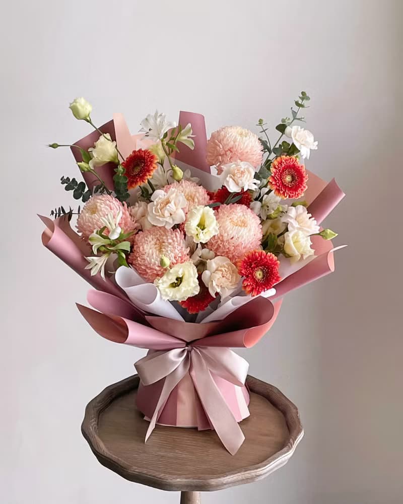 【鮮花】粉橘黃色牡丹菊康乃馨鮮花花束