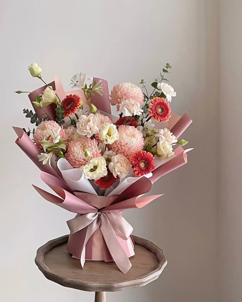 【鮮花】粉橘黃色牡丹菊康乃馨鮮花花束