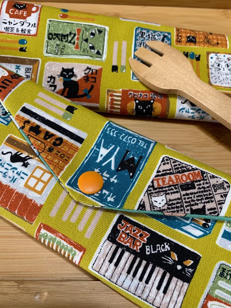 文青風環保純棉筷袋 黑貓食堂 卡其黃 日本 潮物 收納 手作餐具袋