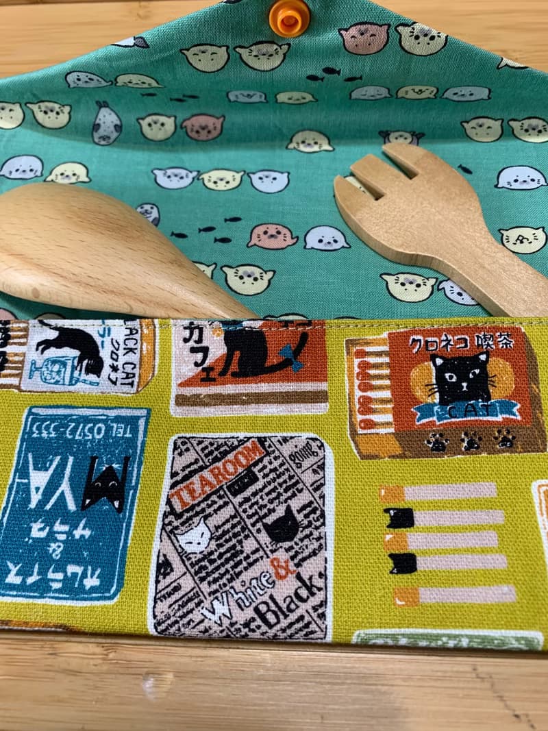 文青風環保純棉筷袋 黑貓食堂 卡其黃 日本 潮物 收納 手作餐具袋