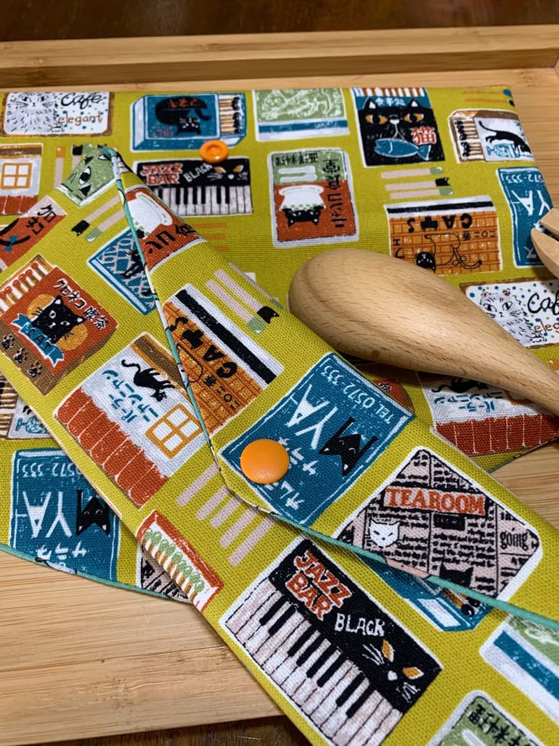 文青風環保純棉筷袋 黑貓食堂 卡其黃 日本 潮物 收納 手作餐具袋