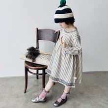 棉麻繡花條文洋裝 / 長版上衣 長袖 連身裙 裙子 童裝
