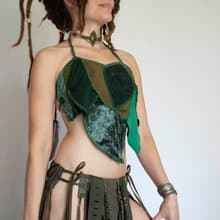 Green leaves backless top, forest elven costume, pixie summer tie top