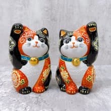 【雙福臨門】日本九谷燒招財貓 |  赤黑華盛 一對