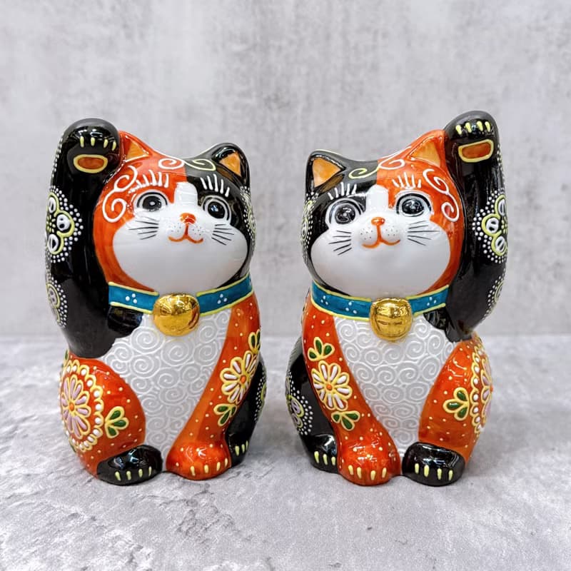 【雙福臨門】日本九谷燒招財貓 |  赤黑華盛 一對
