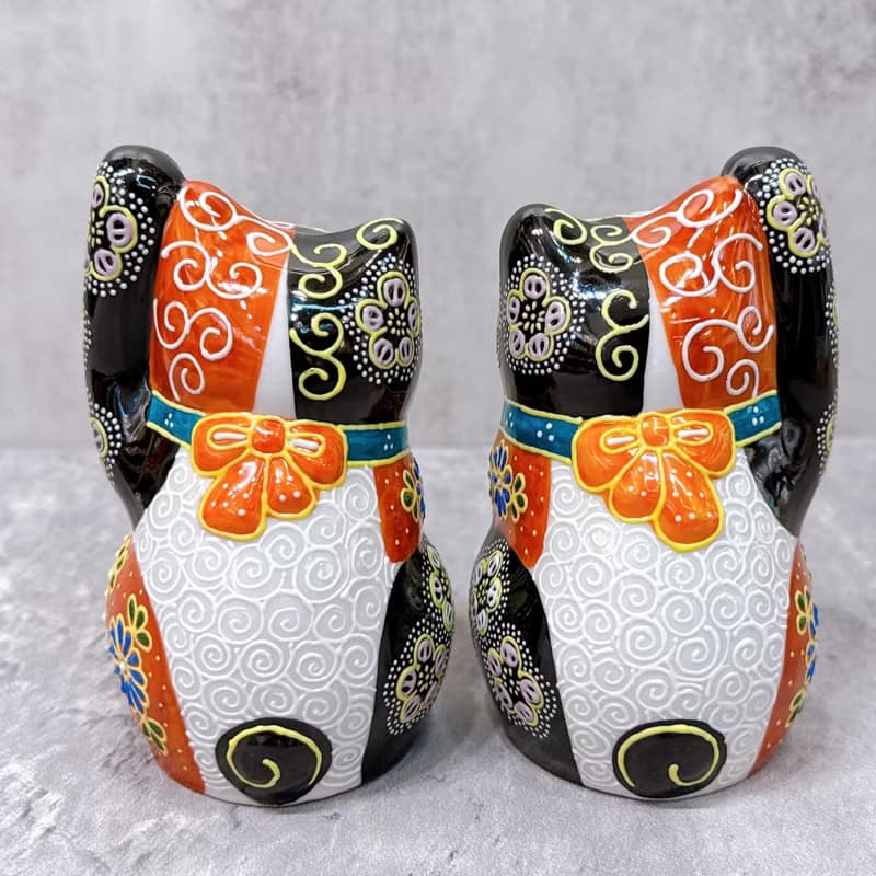 【雙福臨門】日本九谷燒招財貓 |  赤黑華盛 一對