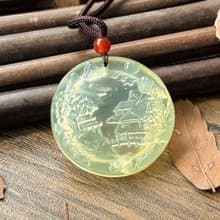 【一物一圖】天然 岫玉蜂蜜水山水雕刻 圓牌 吊墜 項鍊