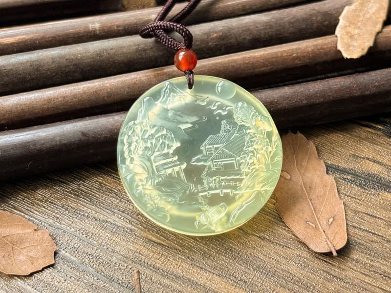 【一物一圖】天然 岫玉蜂蜜水山水雕刻 圓牌 吊墜 項鍊
