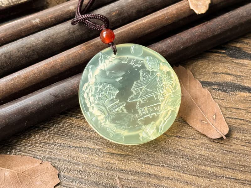 【一物一圖】天然 岫玉蜂蜜水山水雕刻 圓牌 吊墜 項鍊