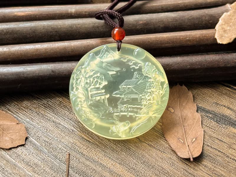 【一物一圖】天然 岫玉蜂蜜水山水雕刻 圓牌 吊墜 項鍊