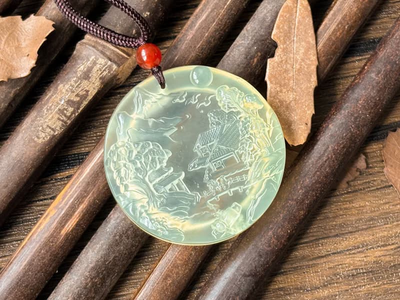 【一物一圖】天然 岫玉蜂蜜水山水雕刻 圓牌 吊墜 項鍊