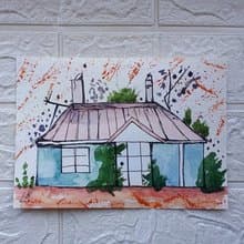 House With PInk Roof, Watercolor Painting, Artwork, Architecture, Art