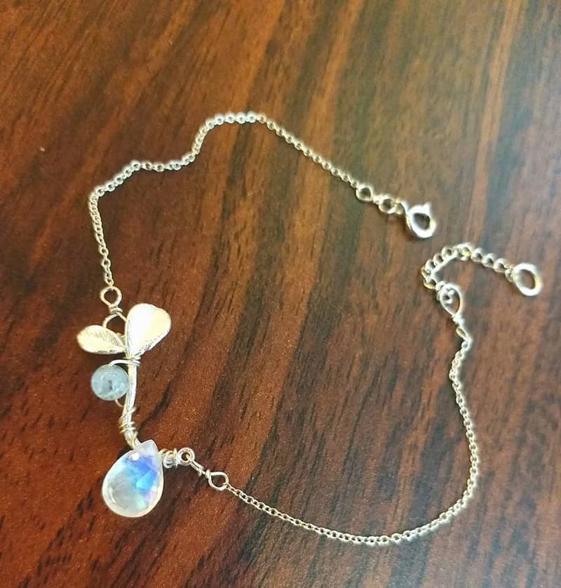 月亮石, 海藍寶石, 鍍銀葉, 925純銀 手鍊  Moonstone, Aquamarine in silver-plated leaf with 925 silver bracelet