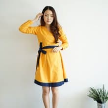 撞色牛津棉長袖綁帶洋裝 _ LOOKIN : 黃色