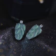 |一夜暴富|A貨翡翠冰玻藍起螢光大葉子15.7mm純銀鍍18k極簡耳環