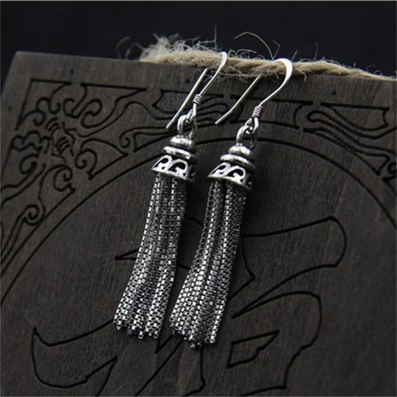 Real S925 Sterling Thai Silver Women Vintage Ethnic Statement Earrings