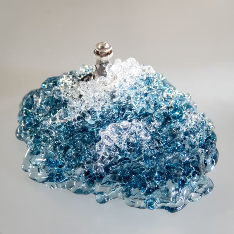 Realistic Wave Blown Glass Sculpture with Silver Lighthouse