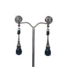 Art Deco Style Long Teardrop Earrings Black Onyx & Marcasite 925 Sterling Silver