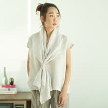 Natural  Linen Built-in Scarf Linen Blouse Minimal Linen Top - Very Light Grey