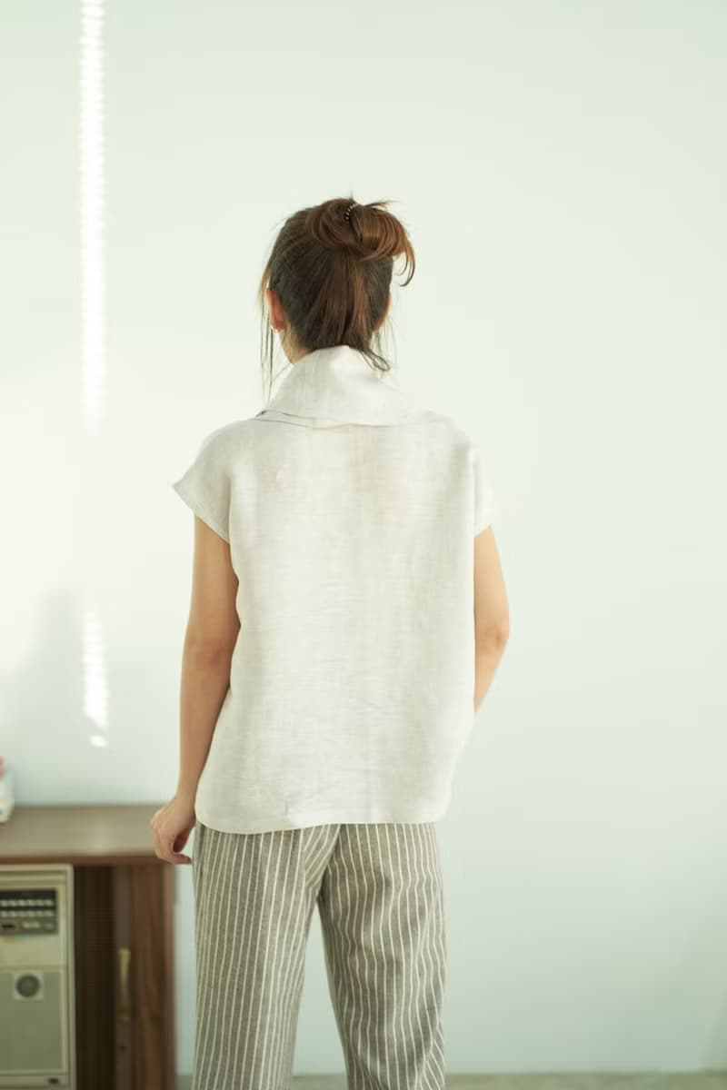 Natural  Linen Built-in Scarf Linen Blouse Minimal Linen Top - Very Light Grey