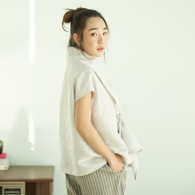 Natural  Linen Built-in Scarf Linen Blouse Minimal Linen Top - Very Light Grey