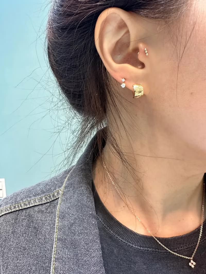 14K 珠珠墜鑽鎖珠耳環 (前鎖 平底 圓餅) (單個) 耳骨  不退色