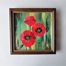 Bouquet flowers of red poppies painting. Wall decoration with hanging painting