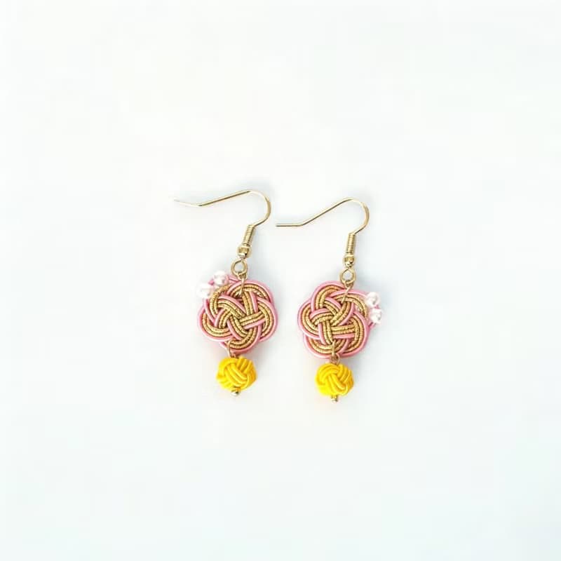 粉金梅結與黃色玉結日式手工水引耳環 花 新娘飾品