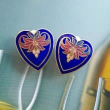 【西洋古董飾品 】景泰藍 藍色調 愛心花卉 夾式耳環