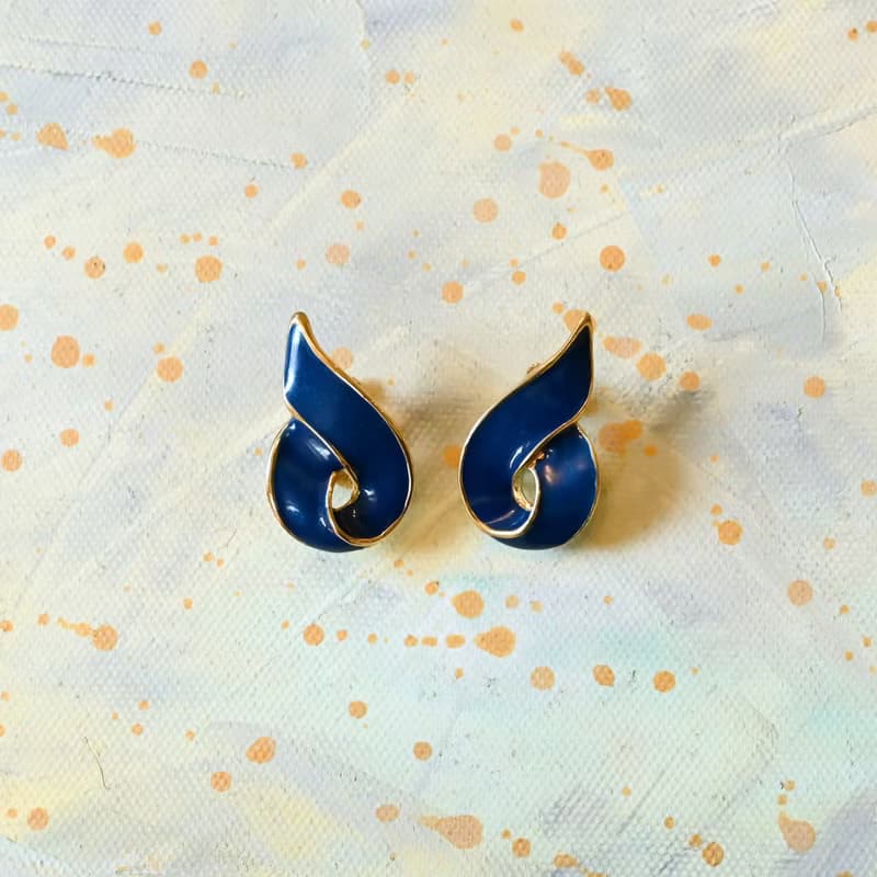 【NaSuBi Vintage】流線造型金屬珐瑯耳夾古董耳環