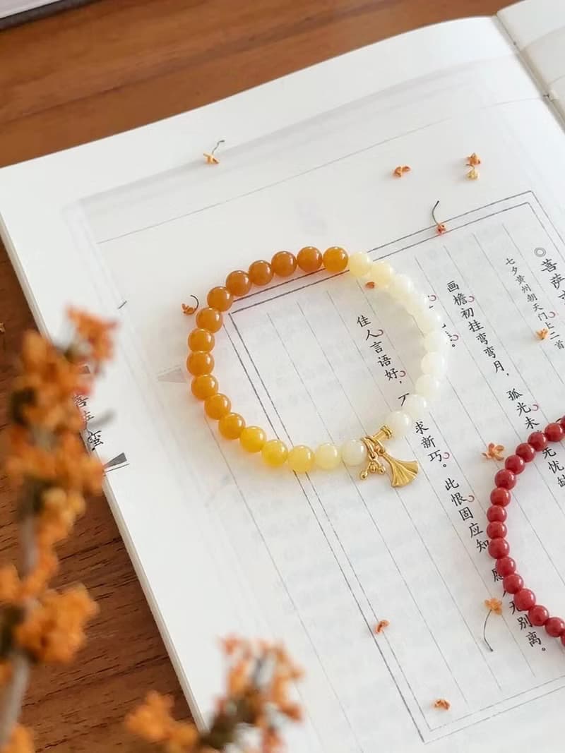 原創緬甸黃玉銀杏葉手鏈漸變文玩手工手串