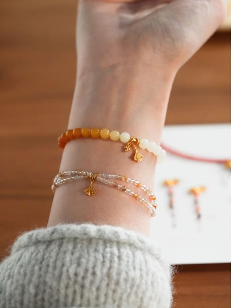 原創緬甸黃玉銀杏葉手鏈漸變文玩手工手串