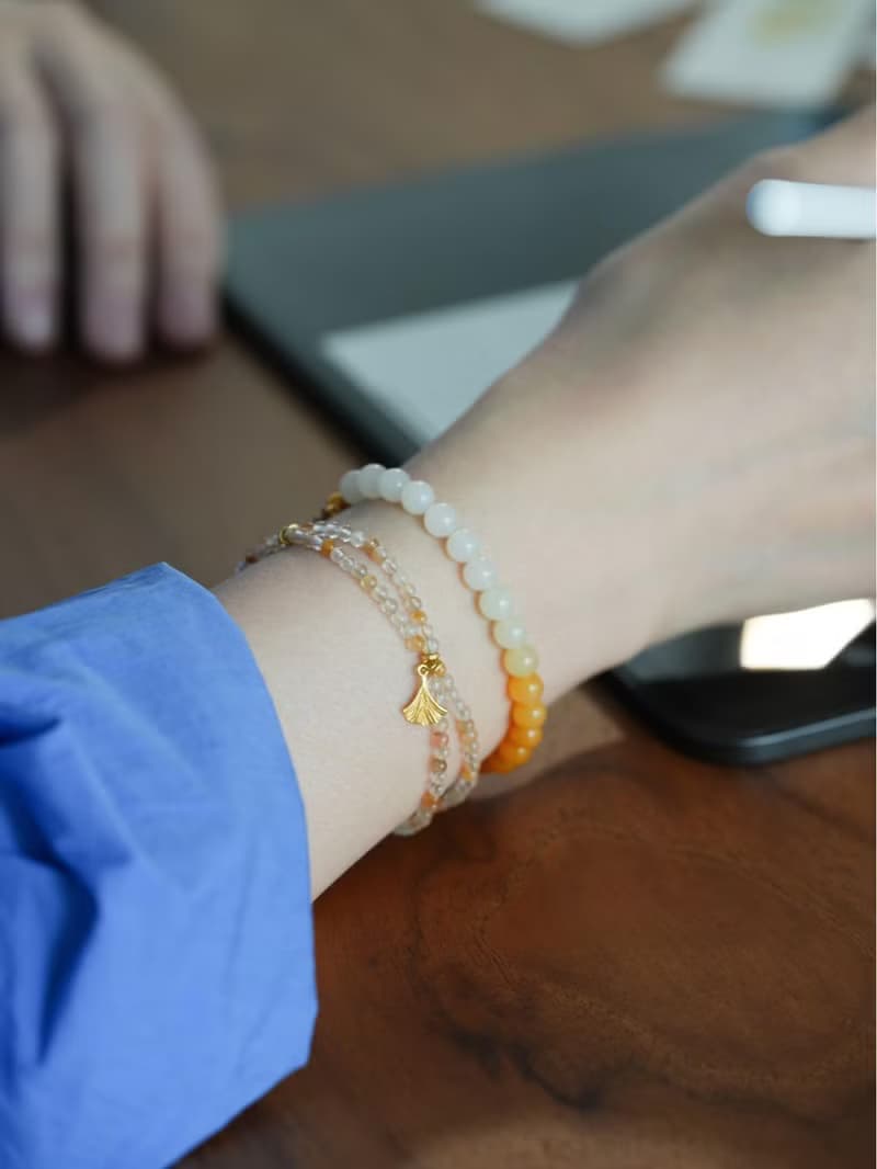 原創緬甸黃玉銀杏葉手鏈漸變文玩手工手串