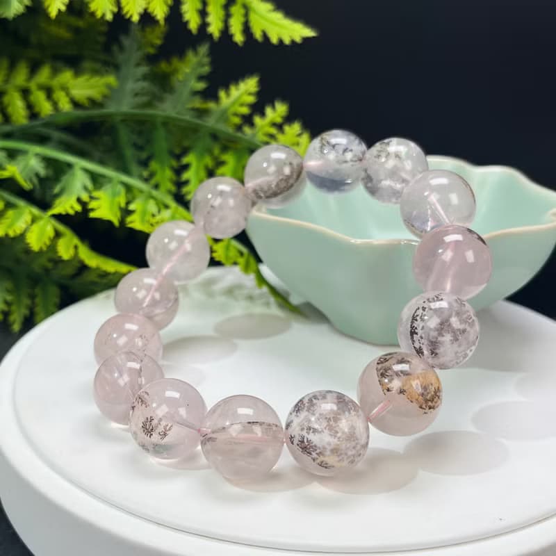 高品質仙女粉天然小樹水晶手串 異象半盆發財樹軟錳礦手錬 15.5mm