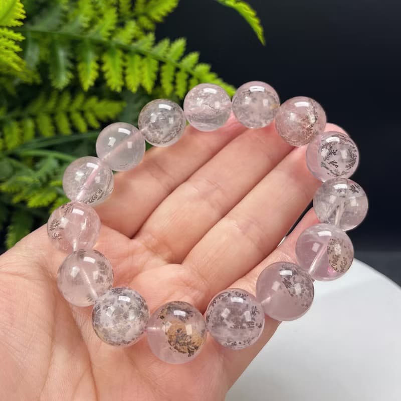高品質仙女粉天然小樹水晶手串 異象半盆發財樹軟錳礦手錬 15.5mm