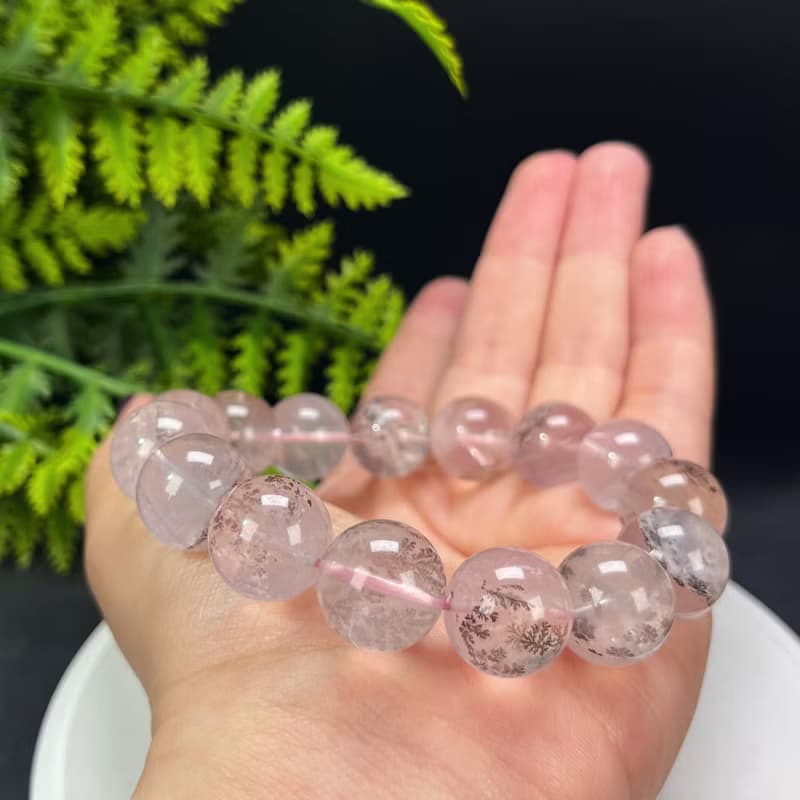 高品質仙女粉天然小樹水晶手串 異象半盆發財樹軟錳礦手錬 15.5mm