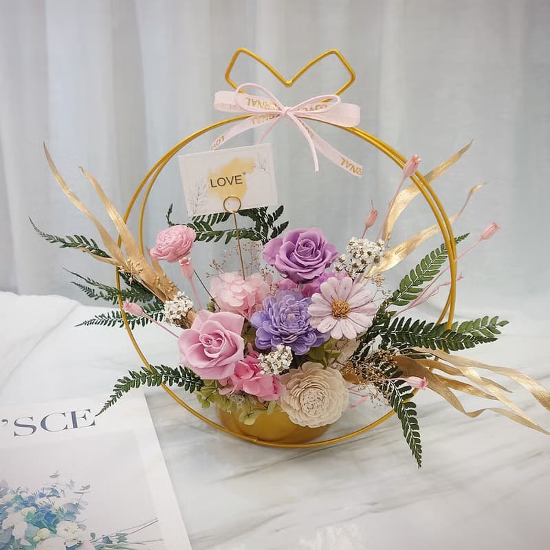 圓形金框花籃 祝賀花禮/花禮/情人節/永生花/乾燥花/裝飾/花籃