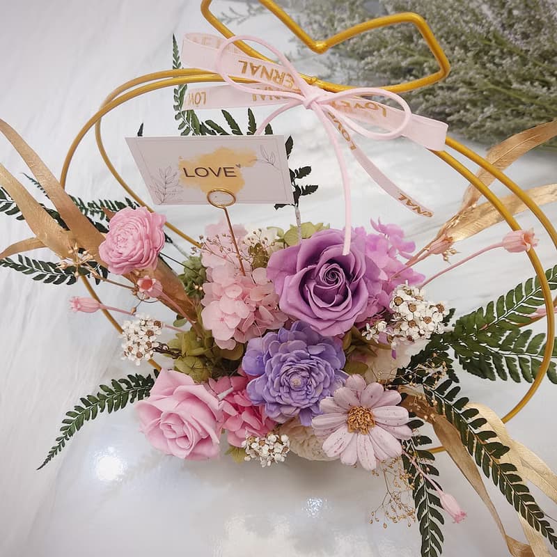圓形金框花籃 祝賀花禮/花禮/情人節/永生花/乾燥花/裝飾/花籃