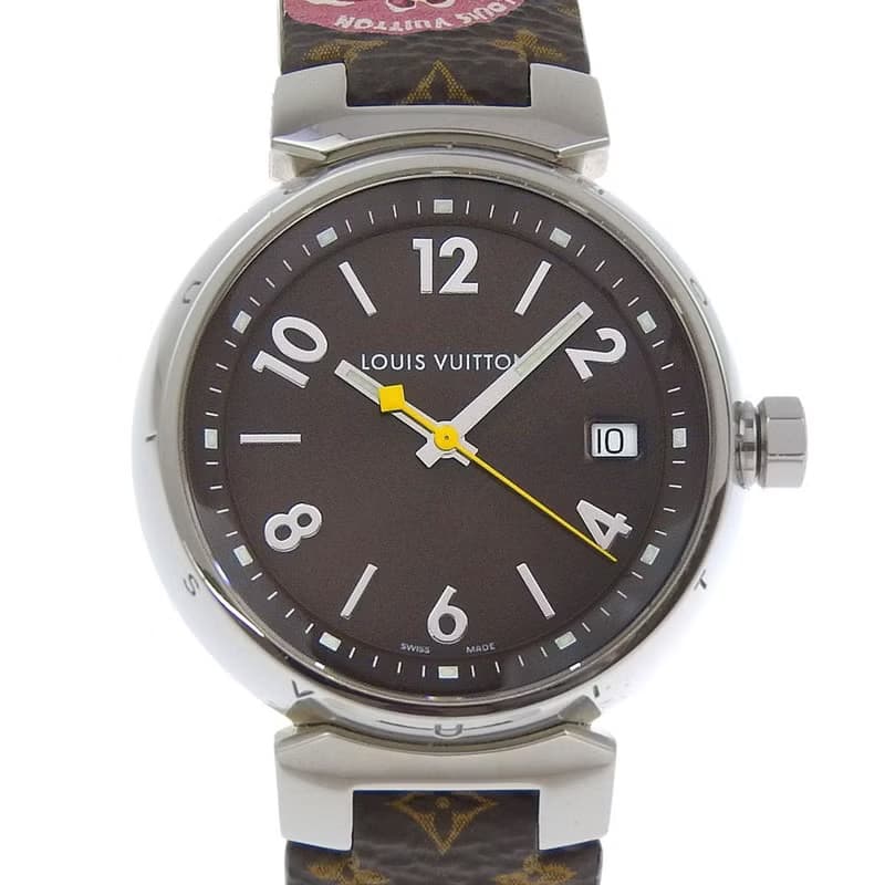【日本直送】ルイ・ヴィトン LOUIS VUITTON タンブール 腕時計 Q1311 SS×レザー クオーツ アナログ表示 ブラウン文字盤【中古】