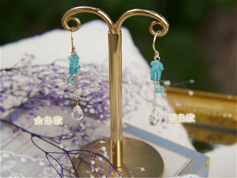 原創 | 夏日清涼感 天然磷灰石白水晶14k包金純銀吊墜耳環耳夾
