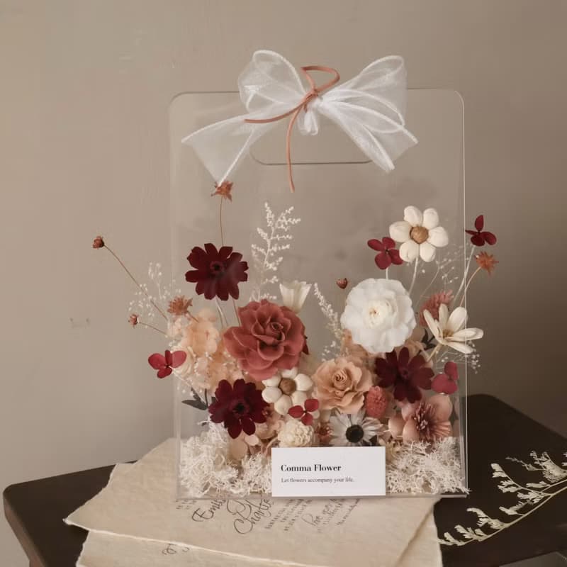 乾燥玫瑰粉永生花壓克力花籃 小花園花籃 開幕花籃 喬遷花籃